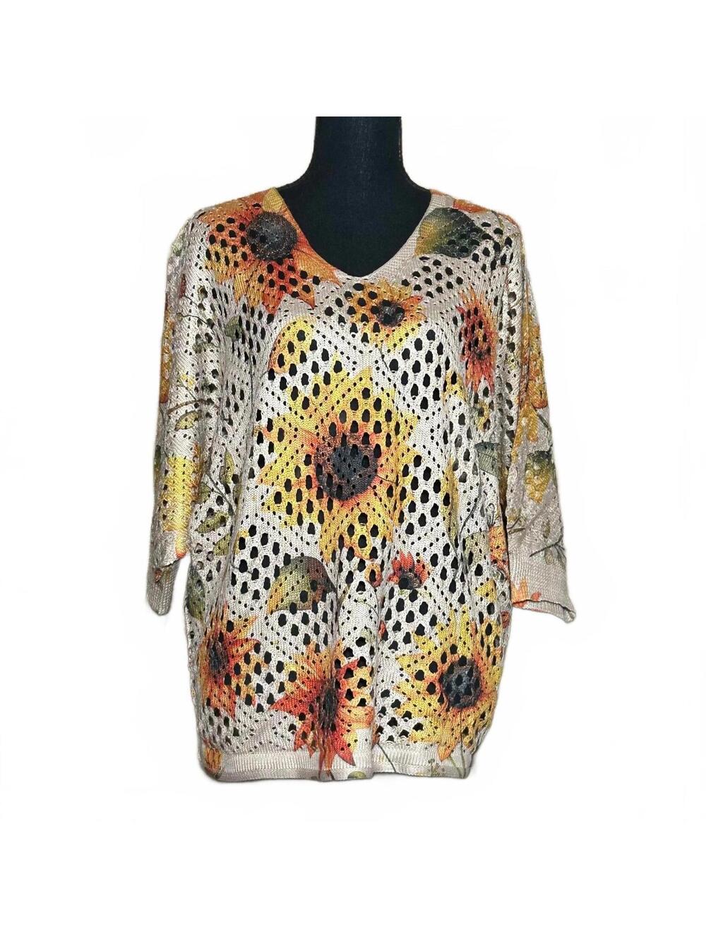 Womens Floral Sunflower Knit Sweater Cream Orange Yellow Green Size L